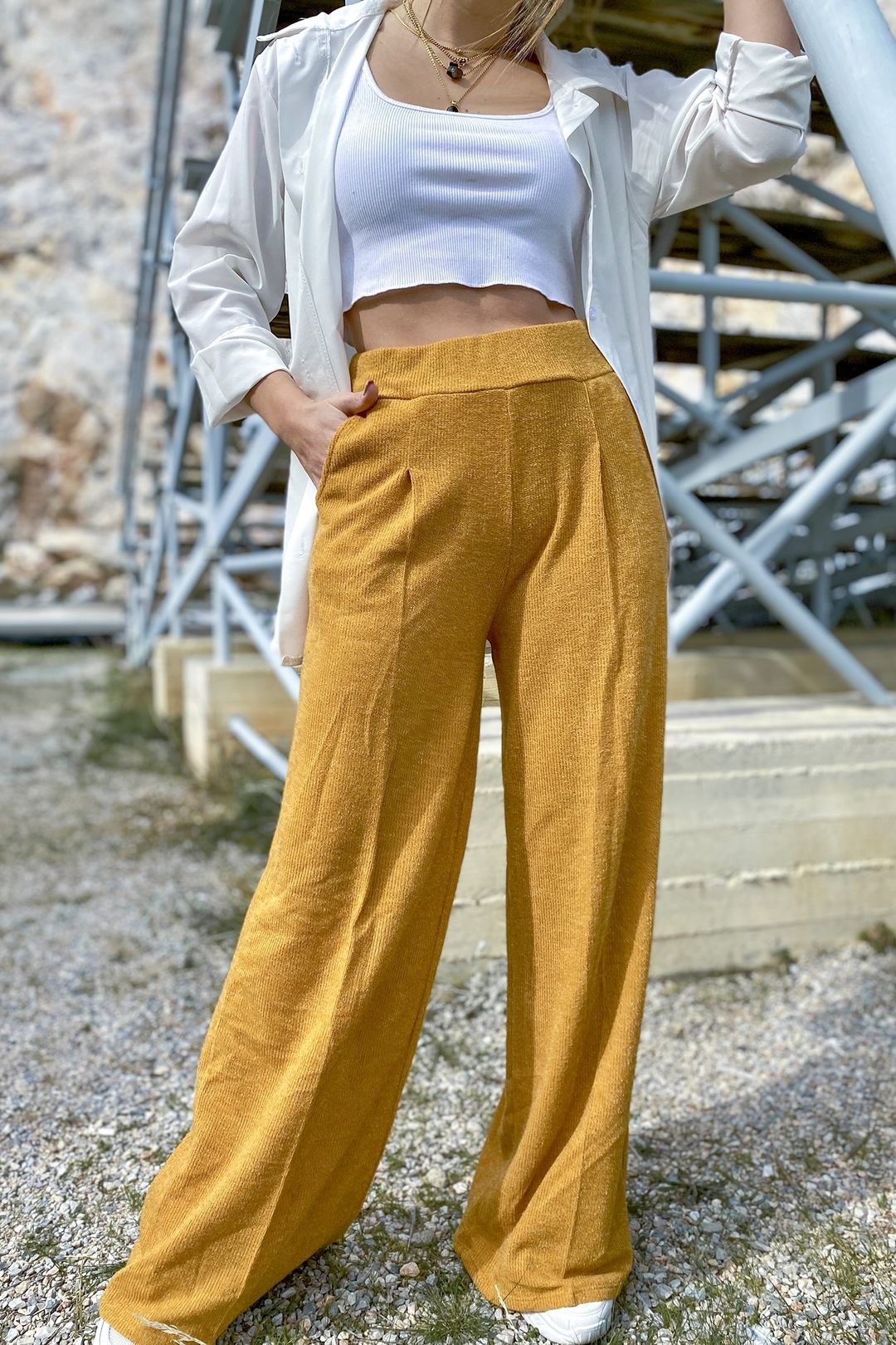 High Waisted Knitted Wide Leg Pants – Mustard Yellow - Oliva Lavish
